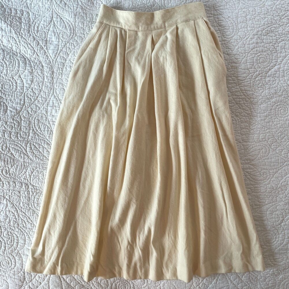 Vtg 80s Norton McNaughton 100% Virgin Wool Skirt Cream Pleated Midi Size 8/26